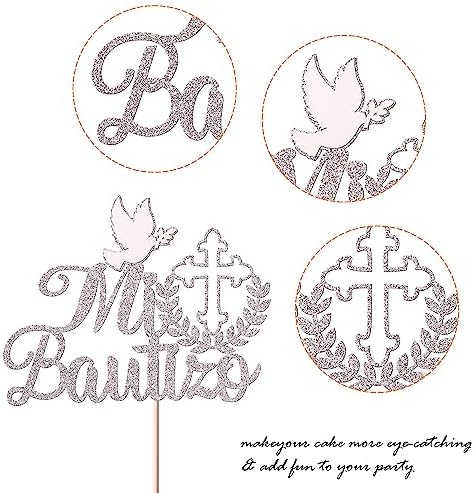 1 Pack Spanish Mi Bautizo Cake Topper Glitter Cross First Holy Communion Baptism Cake Pick Religious God Bless Baptism Cake Decoration for Baby Shower Birthday Party Supplies Silver