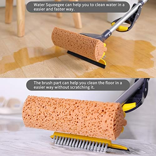 Yocada Collapsible Plastic Bucket Mop Bucket and Sponge Mop Kit Home Commercial Tile Floor Bathroom Garage Cleaning with Total 2 Sponge Heads Telescopic 42.5-52 Inches Easily Dry Wringing Yellow