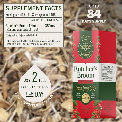 HERBAMAMA Butcher's Broom Root Drops - Vegan Leg Support with Ruscus Aculeatus Extract Tincture - Non-GMO, Alcohol & Sugar-Free Butcher's Broom Supplement, 84-Day Supply