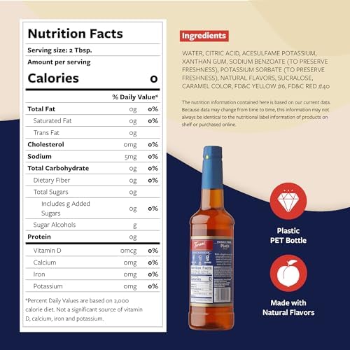 Torani Sugar Free Peach Syrup for Drinks, Zero-Calorie Flavoring for Iced Tea, Lemonade, and Sodas, Pump Included, 25.4 Oz
