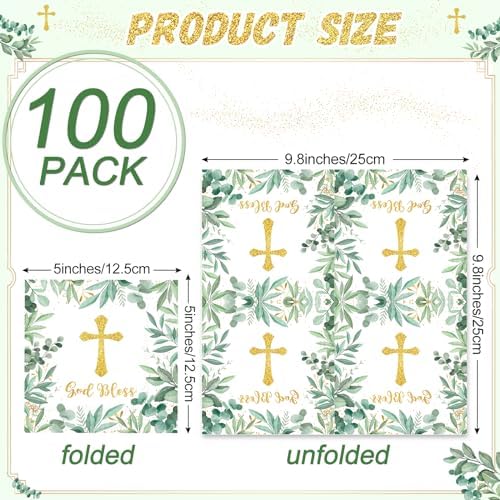 100Pcs God Bless Baptism Napkins First Holy Communion Mi Bautizo Napkins Cross Religious Paper Serviettes for Newborn Baby Shower Party Christening Religious Party Decorations
