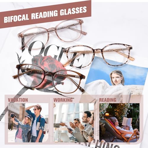 OPTOFENDY Bifocal Reading Glasses for Women, TR90 Round Clear Top Blue Light Computer Readers with Spring Hinge