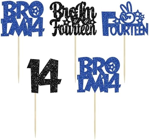 Ephlyn 24Pcs Bro I'm 14 Cupcake Toppers Glitter Boy 14th Birthday Cupcake Pick Decorations for Cheers to Fourteen Years Old Big Brother 14th Birthday Party Supplies