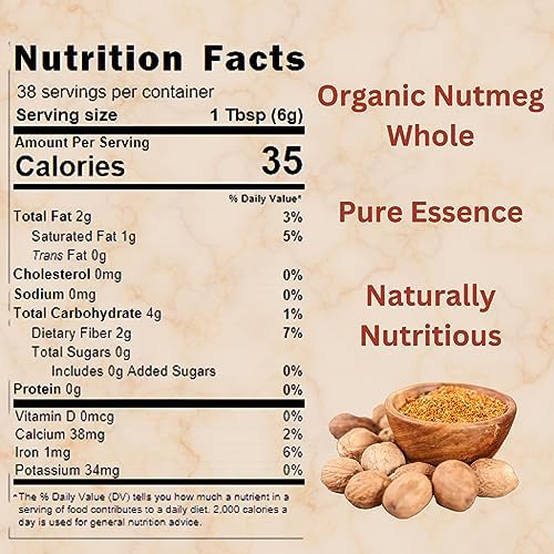 Spicy Organic Premium Nutmeg 8 oz (227g) | Whole Nutmeg (Jaiphal/Nuez Moscada) | USDA Organic, Gluten Free, Non-GMO, 100% Natural | Ideal for Coffee, Tea, Curries, Sauces & Baking