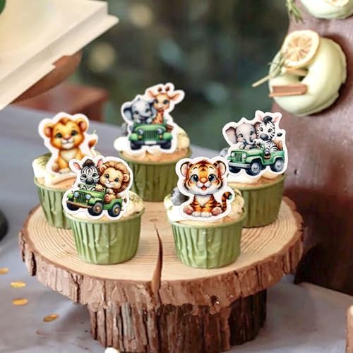 40Pcs Edible Cute Safari Animal Baby Cupcake Toppers Edible Lion Tiger Giraffe Elephant Babies Cupcake Picks for Safari Animal Baby Shower Kids Boys Girls Birthday Cake Decorations Supplies