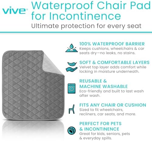 Sures Waterproof Chair Pads for Incontinence (22" x 21") - Washable, Waterproof Seat Protector - Chair Protector Seat Cover - Absorbent Pad for Bed, Seat, Car, Wheelchair & Recliner (Gray, 2 Pack)