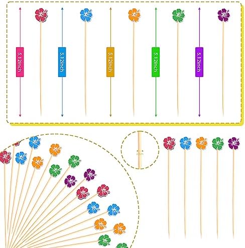 Hawaiian Hibiscus Cocktail Picks Summer Flower Decorative Toothpicks Fruit Dessert Sticks Food Sandwich Appetizer Charcuterie Skewers, for Luau Hawaii Tropical Decorations Floral Party Supplies