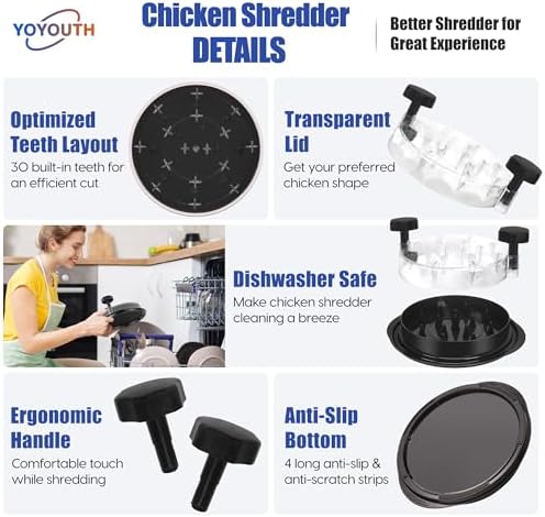 Chicken Shredder Tool Twist: 2026 Pro Food-Grade Visible Meat Shredder with Strong Anti-Slip Base, Ergonomic Handle, Chicken Breast Shredder, Suitable for Pork Beef Chicken - Black
