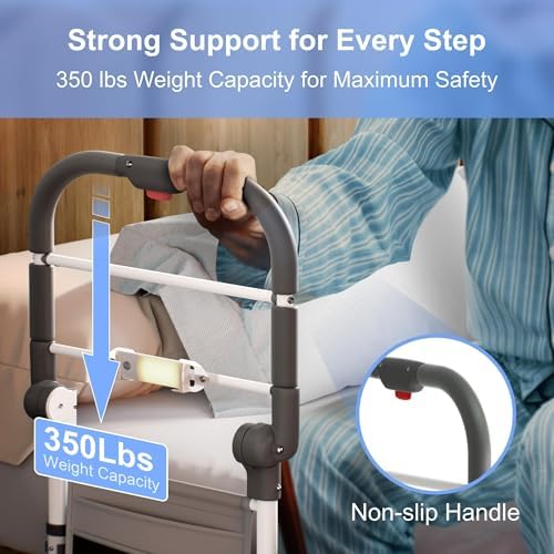 Bed Rails for Elderly Adults Safety Foldable Bed Assist Rail with Adjustable Height, Non-Slip Handle, Motion Sensor Light & Storage Pouch, Fits King Queen Full Twin Beds, Supports 350 LBS