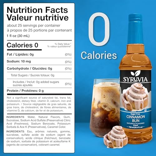 Syruvia Sugar-Free Cinnamon Bun Syrup, Natural Flavors, Syrup for Drinks, Lattes, and Desserts – 25.4 fl oz