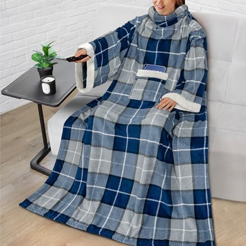 PAVILIA Fleece Blanket with Sleeves for Women Men Adults, Wearable Blanket Warm Soft Plush, Snuggle Pocket Sleeved TV Throw Wrap, Cozy White Elephant Gifts Ideas for Mom Wife, Plaid Blue