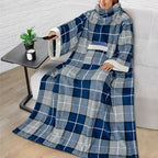 PAVILIA Fleece Blanket with Sleeves for Women Men Adults, Wearable Blanket Warm Soft Plush, Snuggle Pocket Sleeved TV Throw Wrap, Cozy White Elephant Gifts Ideas for Mom Wife, Plaid Blue