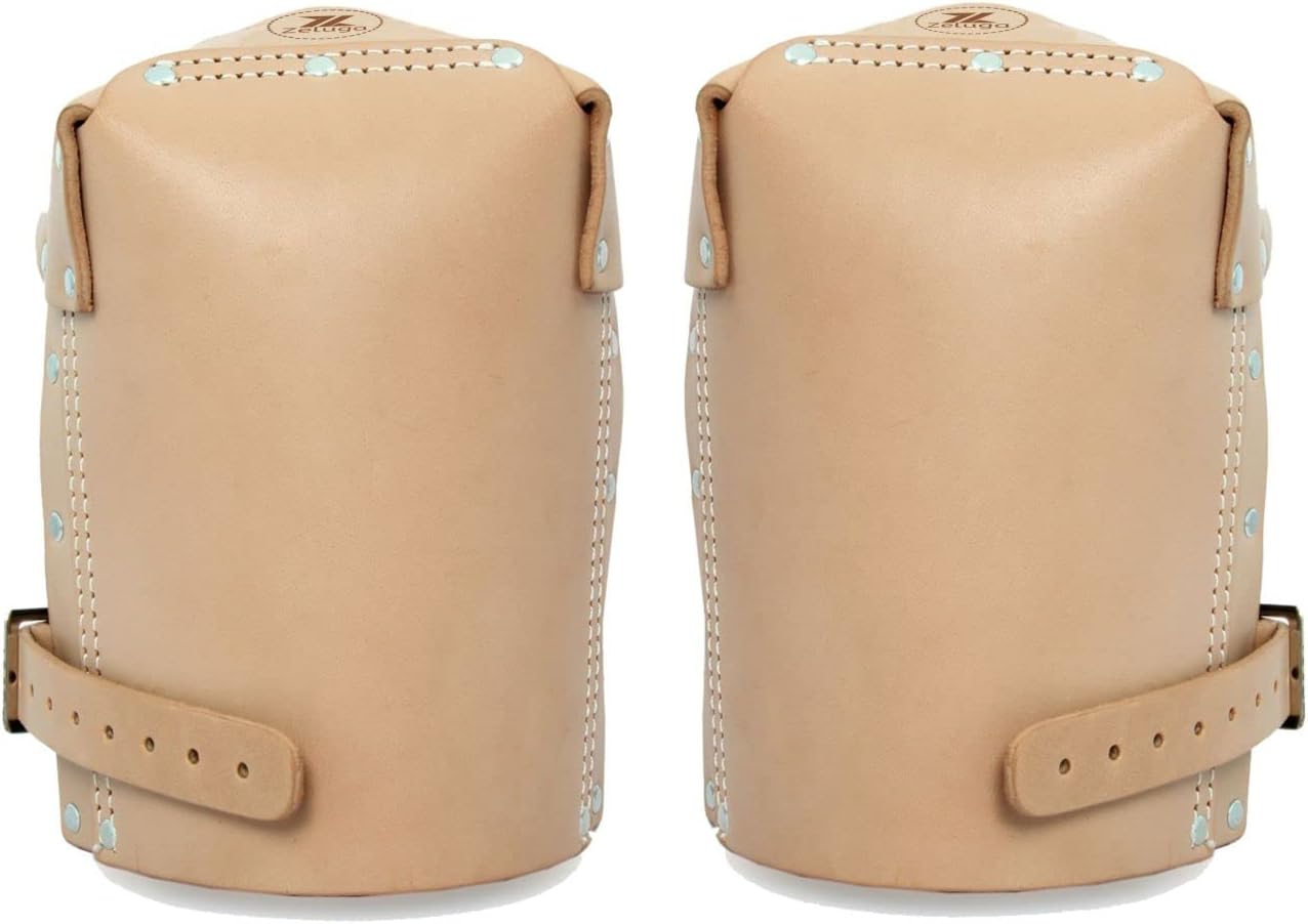 Non-slip Kneepads with Adjustable Straps, Safety Leather Knee Pads with Dense Padding Protection, Double Thick Lining (Tan)