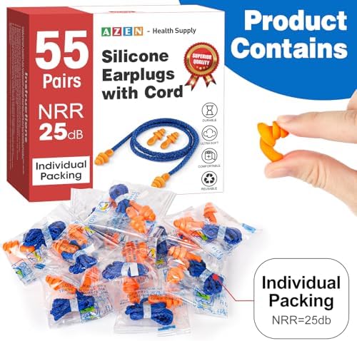 AZEN 55 Pairs Silicone Ear Plugs, Reusable Earplugs for Noise Reduction, 25dB NRR Corded Ear Plug for Sleeping Noise Cancelling, Ear Plug with String Individual Packing