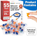 AZEN 55 Pairs Silicone Ear Plugs, Reusable Earplugs for Noise Reduction, 25dB NRR Corded Ear Plug for Sleeping Noise Cancelling, Ear Plug with String Individual Packing