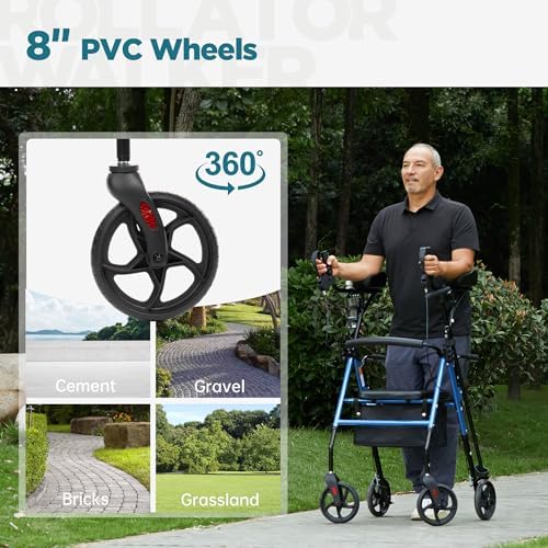 ELENKER Upright Walker, Stand Up Rollator Walker with Padded Seat and Backrest, Lightweight, Compact Folding, Fully Adjustment Frame for Seniors, Blue