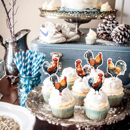 48Pcs Edible Rooster Cupcake Toppers Edible Rock Cupcake Picks for Farmyard Animal Baby Shower Boys Girls Birthday Party Cupcake Cake Decorations Rock Rooster Carnival Party Decors