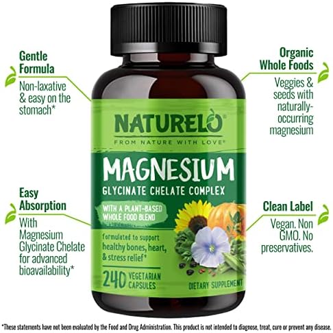 NATURELO Magnesium Glycinate Chelate Complex - 200 mg Magnesium with Organic Vegetables to Support Sleep, Calm, Muscle Cramp & Stress Relief - Gluten Free, Non GMO - 240 Capsules