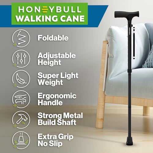 HoneyBull Walking Cane | Single Tip Canes for Men & Women, Foldable, Adjustable, Heavy Duty Up to 250 Pounds, Walking Canes for Seniors