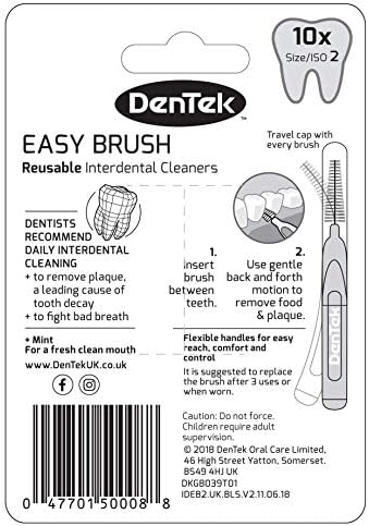 DenTek Easy Brush Interdental Brushes, ISO2/0.5mm for Removing Food and Plaque Between Teeth. 10 Pack