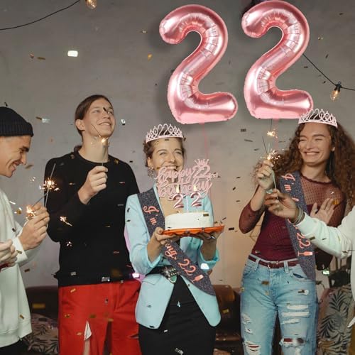 22 Birthday Decorations for Women with Black 22nd Birthday Sash and Tiara, Cake Topper and Candles, Number Balloons Rose Gold, 22 Year Old Gifts for Women