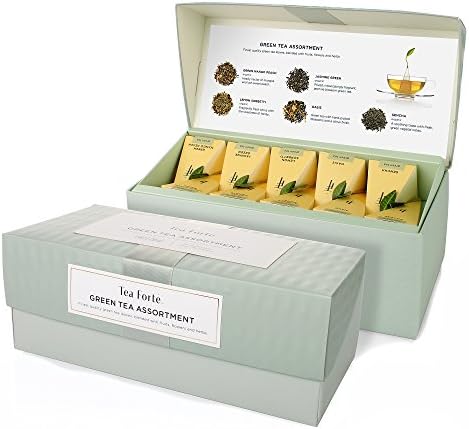Tea Forte Premium Presentation Box Gift Set Sampler, 20 Count, Assorted Blends Individually Wrapped Handcrafted Pyramid Infuser Bags, Green Tea