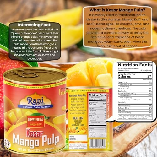 Rani Mango Pulp Puree (Makes Mango Lassi Shakes) Kesar Unsweetened 30oz (1.875lbs) 850g ~ Kosher | All Natural | NON-GMO | Vegan | No colors | Gluten Friendly | Indian Origin