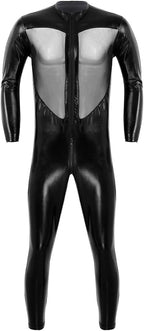inlzdz Men's Wet Look PVC Leather Mesh Splice Full Bodysuit Catsuit Halloween Cosplay Zentai Costume
