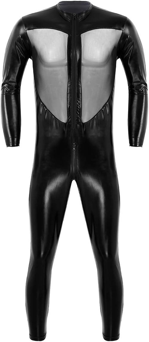 inlzdz Men's Wet Look PVC Leather Mesh Splice Full Bodysuit Catsuit Halloween Cosplay Zentai Costume