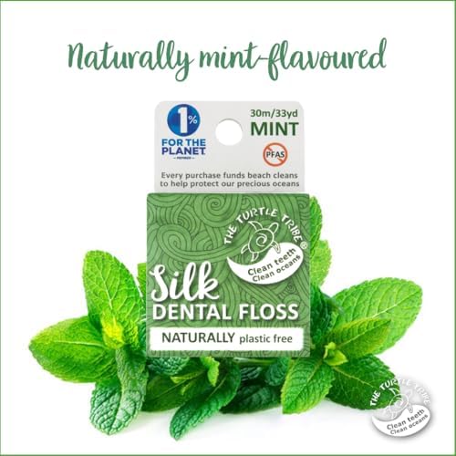 The Turtle Tribe® Natural Dental Floss, 33 Yards, 100% Pure Silk Floss, Plastic Free, PFAS Free, Funding Beach Cleans to Protect Our Precious Oceans, Mint Flavour