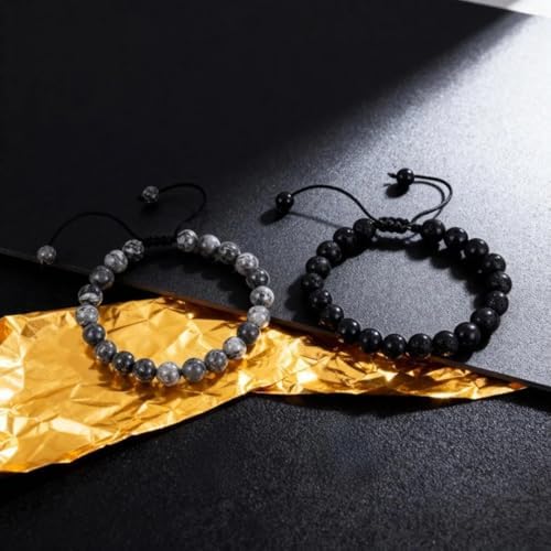 Caiyao 2Pcs Matte Lava Rock Volcanic Stone Beads Stretch Bracelet Stacking Essential Oil Diffuser Tiger Eye Seed Energy Yoga Bracelet for Men Women Couple Stress Relief Healing Aromatherapy Jewelry