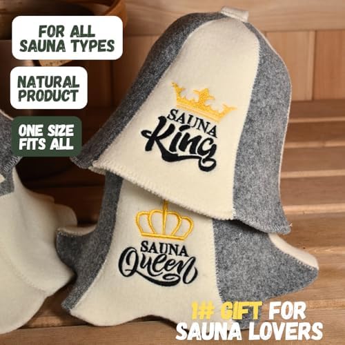 Sauna Hat 'Sauna King and Queen' White - 100% Organic Wool Felt Hats for Russian Banya - Protect Your Head from Heat - English Sauna eBook Guide Included - with Embroidery