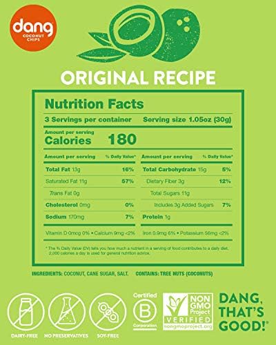 Dang Toasted Coconut Chips Original, Vegan, Gluten Free, Non GMO, Healthy Snacks, Made with Whole Foods, 50% Less Sugar, Resealable Individual Bags, 3.17 oz