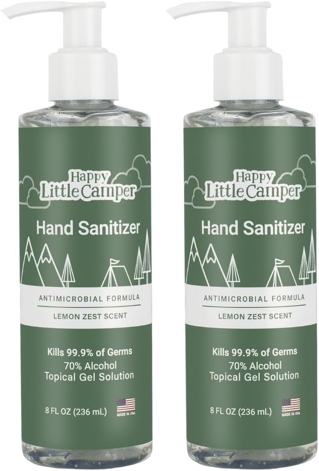 Happy Little Camper Hand Sanitizer with Lemon Zest Scent - Moisturizing Gel with Vitamin E & Antimicrobial Formula- Contains 70% Ethyl Alcohol - Travel Size, Made in USA - 2x 8oz bottles