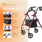 Rhythm Healthcare Royal Aluminum 4 Wheel Rollator, Lightweight Folding Walker with Padded Seat, Tote Bag, and Locking Loop Brakes, Red