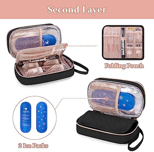 Yarwo Insulin Cooler Travel Case with 2 Ice Packs, Double-Layer Diabetic Insulated Organizer, Portable Medication Bag for Insulin Pens, Glucometer and Diabetes Care Kits, Black (Patented Design)