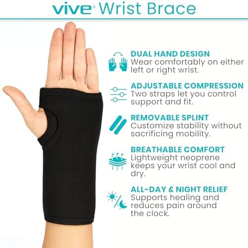 Vive Wrist Brace - Carpal Tunnel Hand Compression Support Wrap for Men, Women, Tendinitis, Bowling, Sports Injuries Pain Relief - Removable Splint - Universal Ergonomic Fit (Black, Left)