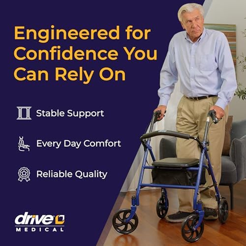 Drive Medical Rollator Walker with Seat - Stable Mobility Support - Height Adjustable - Durable Steel Frame Construction - Smooth 7.5" Wheels - Foldable - 350 Lb Limit - Blue