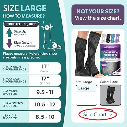 BraceAbility Compression Socks for Circulation - 20-30 mmHg Knee High Neuropathy Open Toe Stockings Best for Varicose Veins, Restless Leg, POTS, Toeless Support for Men or Women - 1 Pair (L - Black)