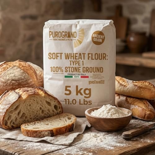 Polselli, PuroGrano, 100% Stone Ground, Type 1 Soft Wheat Flour, Bread flour– 5kg (11 lb), Ancient Italian Grain – Ideal for Sourdough Bread & Artisan Baking – Imported from Italy, Polselli. Unbleached, unbromated and no additives