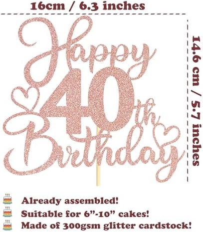 Sotpot 1 Pack 40th Birthday Cake Topper Double-sided Rose Gold Glitter Cake Pick Cake Decoration for Happy 40th Birthday Anniversary Party Decorations