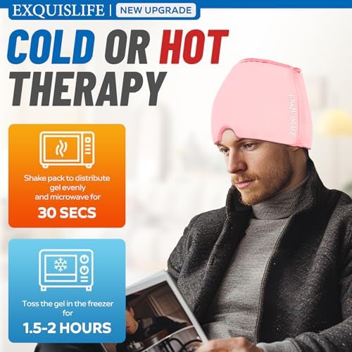 EXQUISLIFE Migraine Ice Head Wrap Cap Headache Relief Hat Hot and Cold Therapy Eyes Mask for Sinus Tension and Stress Relief (Pink)