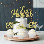 Eid Mubarak Cake Topper and Eid Mubarak Cupcake Toppers Gold Glitter Ramadan Kareem Cupcake Picks for Muslim Theme Party Cake Decorations - 25pcs