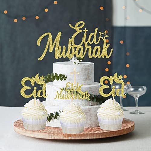 Eid Mubarak Cake Topper and Eid Mubarak Cupcake Toppers Gold Glitter Ramadan Kareem Cupcake Picks for Muslim Theme Party Cake Decorations - 25pcs
