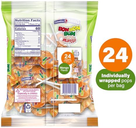 Colombina Bon Bon Bum Lollipops Mango Flavor, 24 Count (Pack of 1)