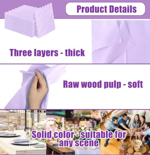 SietDESEO 50 Pieces 3-ply Light Purple Napkins Disposable Folded 5 x 5 Inches Scalloped Cocktail Napkins Paper Napkins for Dinner Wedding Birthday Party Purple Dessert Napkins