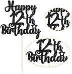 Gyufise 1Pc Happy 12th Birthday Cake Topper Glitter 12 & Fabulous Cheers to 12 Years Old Cake Pick for Celebrating 12th Birthday Anniversary Party Cake Decorations Supplies Black