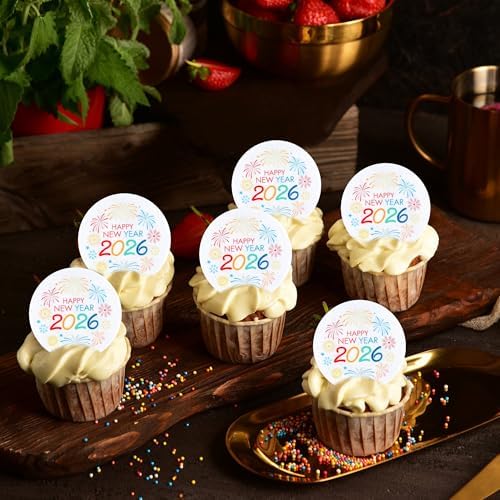 Ercadio 48 PCS Edible Happy New Year 2026 Cupcake Toppers Happy 2026 Cupcake Drink Topper Firework Cake Picks for New Year Eve Party Decor Supplies