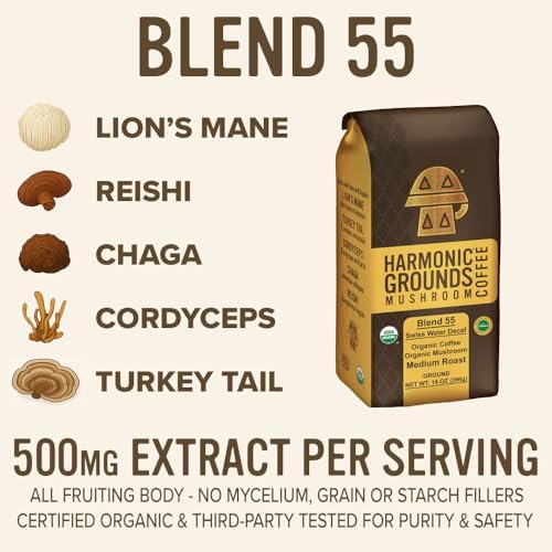 Harmonic Grounds Swiss Water Decaf | Organic Medium Roast Ground Coffee with Functional Mushrooms | Lion’s Mane, Reishi, Chaga, Cordyceps, Turkey Tail | Fruiting Body Only | No Caffeine | 14 oz