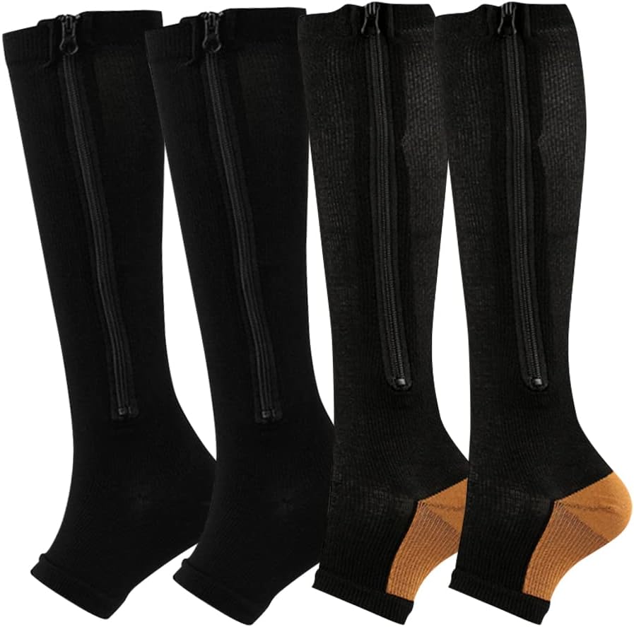 Valcatch 2 Pairs Zipper Compression Socks for Women Men 20-30 mmHg Support Hose Stockings Calf Knee High Running Walking